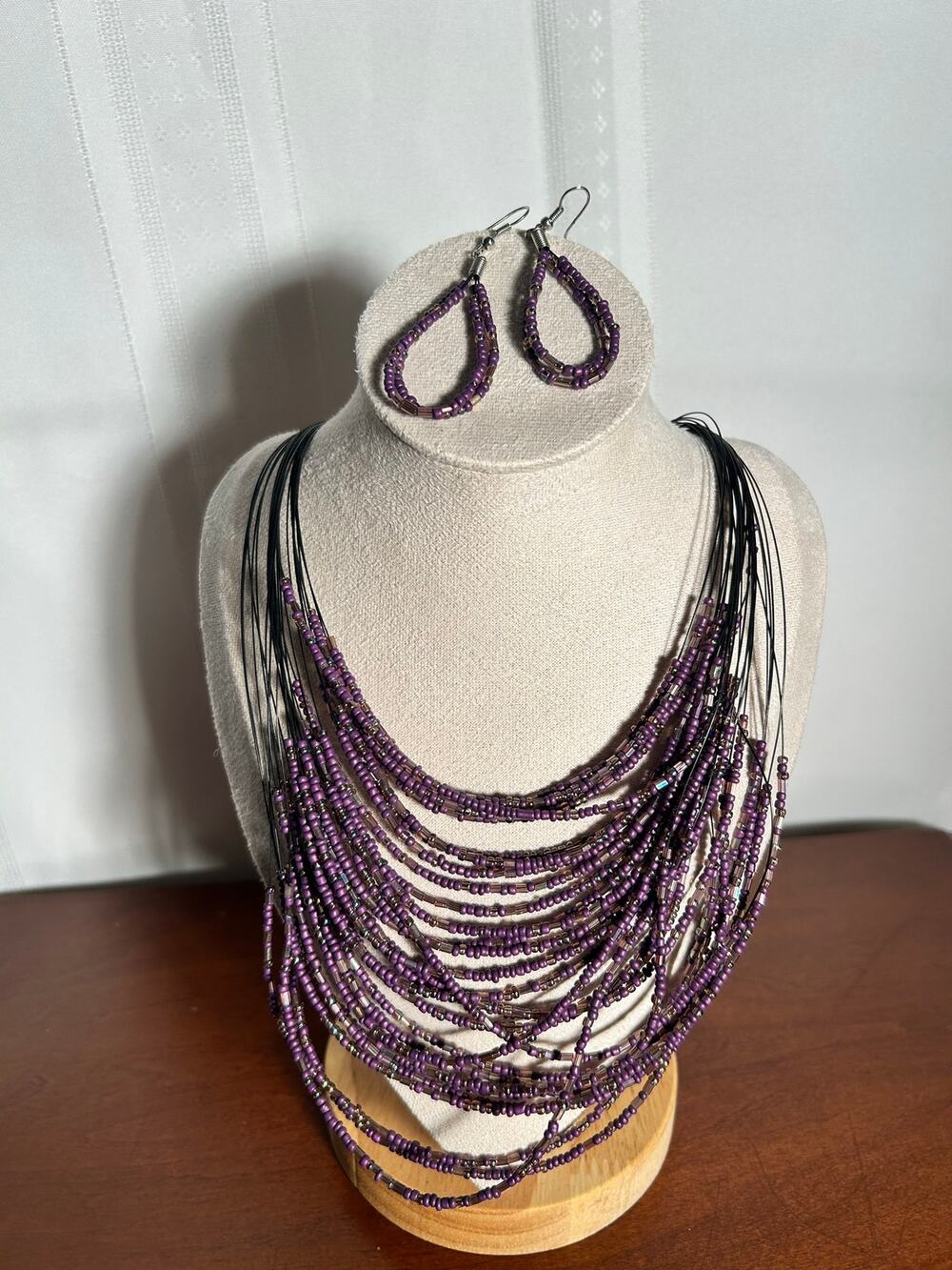 Purple Multistrand Seed Bead Statement Necklace Set Matching Dangle Earrings